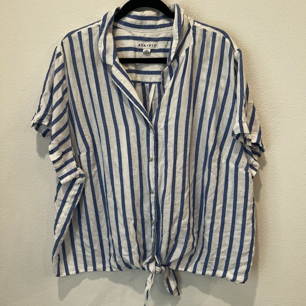 Ava & Viv womens striped  top short sleeve Sz 3X button close tie waist